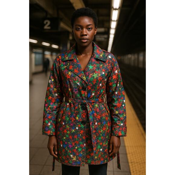 Joe Browns colorful graffiti stars Notched Collar Cocktail Trench Coat size 10 - Picture 1 of 16